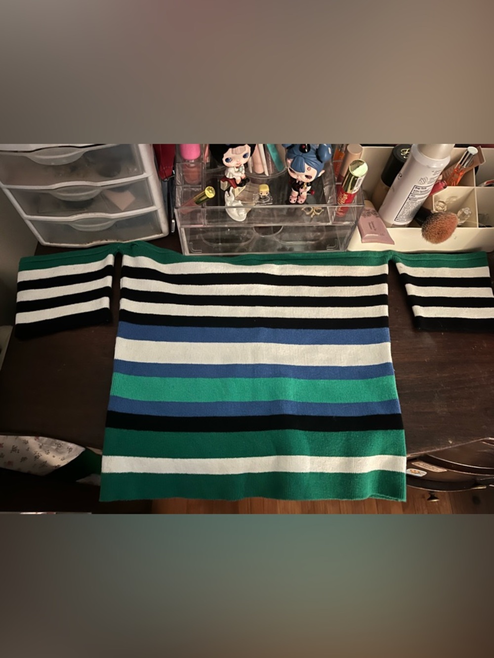 New Express Striped Off-Shoulder Crop Top in Green, Blue, Black, White